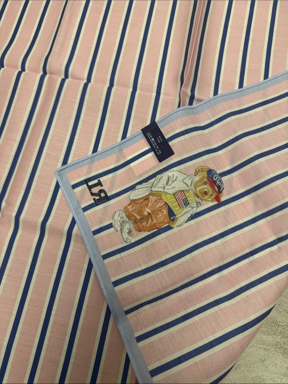 Polo by Ralph Lauren Pink and Blue Striped Bear cotton Scarf - Picture 2 of 4